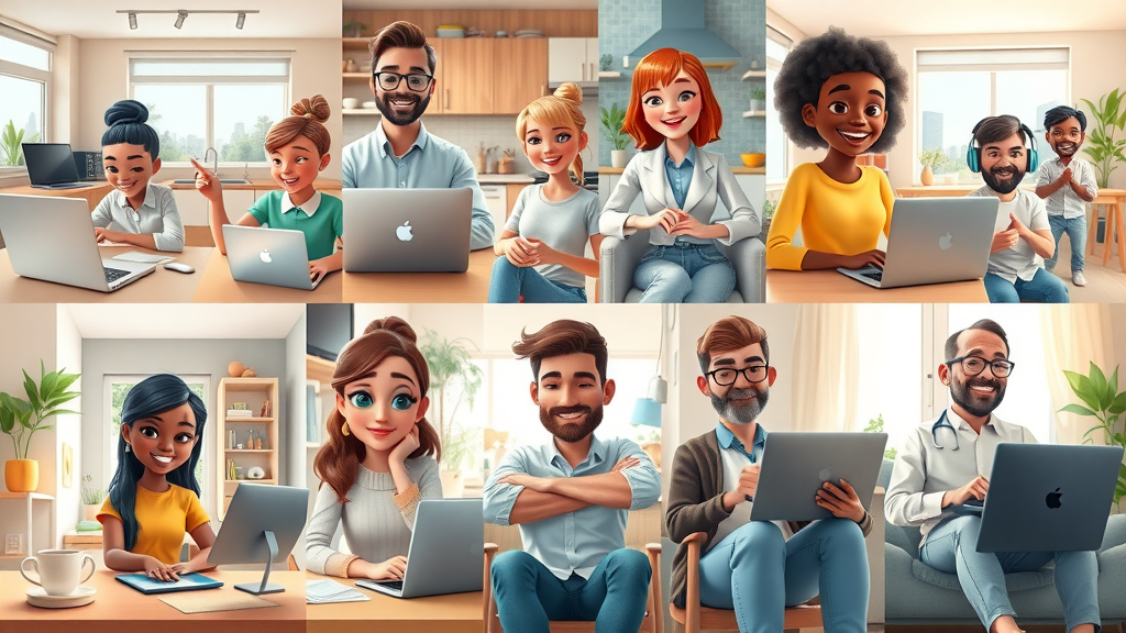 diverse professionals working from home on laptops in various home jobs and remote job settings