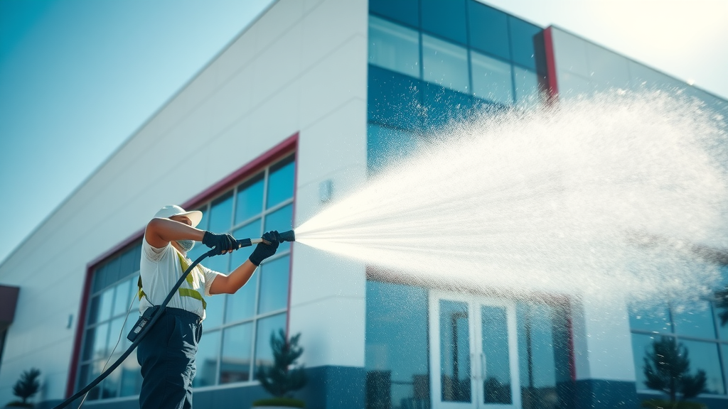 Professionals pressure washing commercial exterior with advanced equipment - panhandle power wash supply