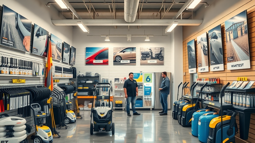 Organized power washing store interior with commercial pressure washers - panhandle power wash supply
