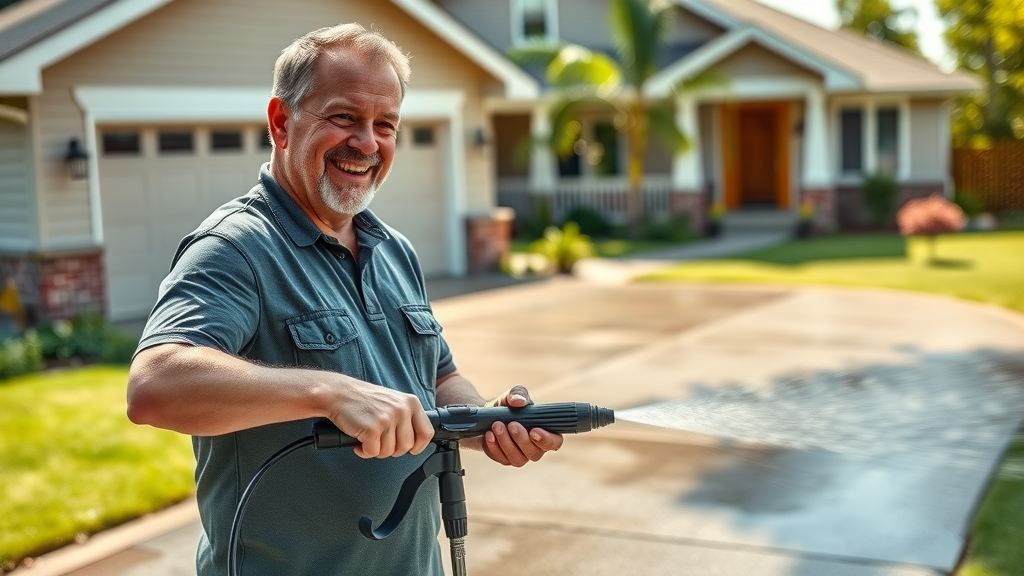 Satisfied homeowner using residential pressure washer from panhandle power wash supply