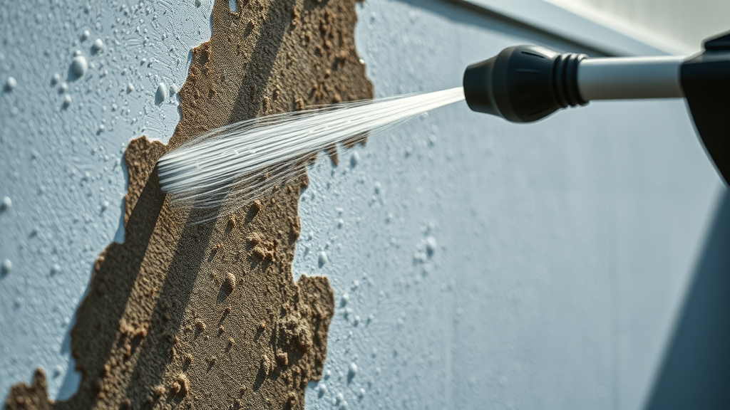 High-power pressure washer spraying water on exterior stain - panhandle power wash supply