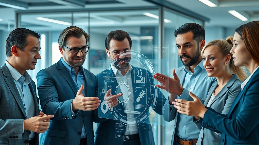 Dynamic business professionals brainstorming AI in business strategy with futuristic interface overlays