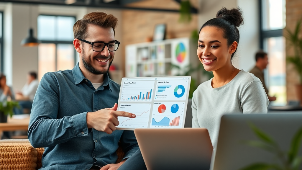 Small business owners exploring AI business strategy with analytic dashboards