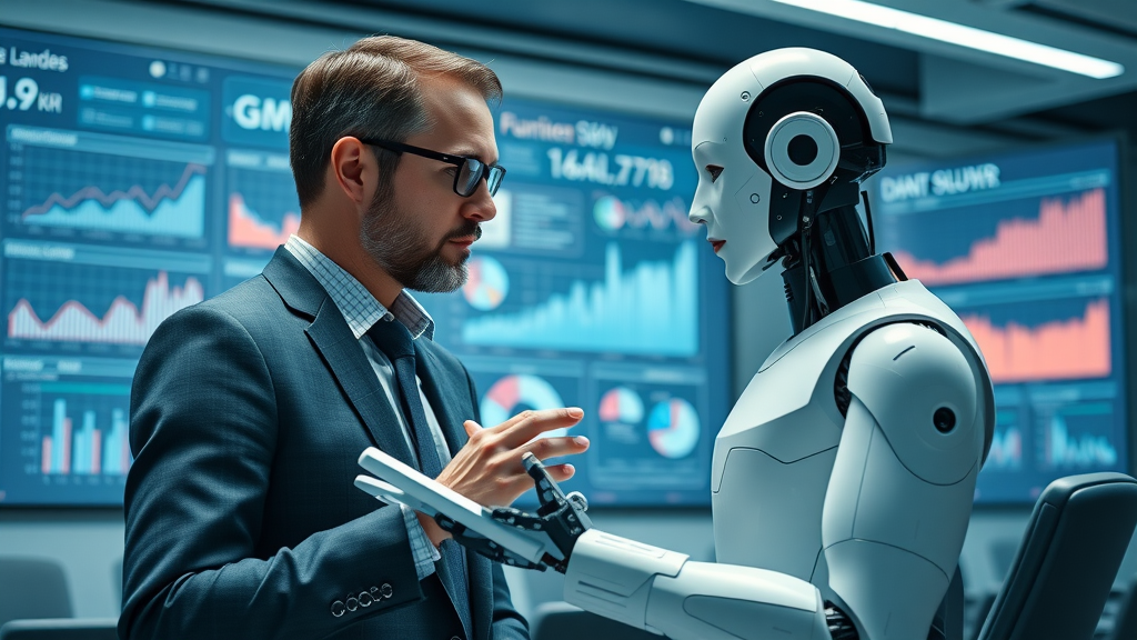 Business analyst collaborating with AI-powered assistant on business strategy analytics