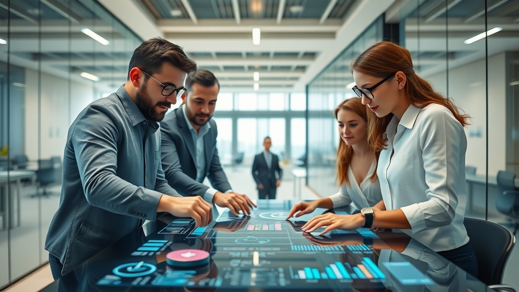 Professional team planning AI business strategy with interactive touchscreen tools