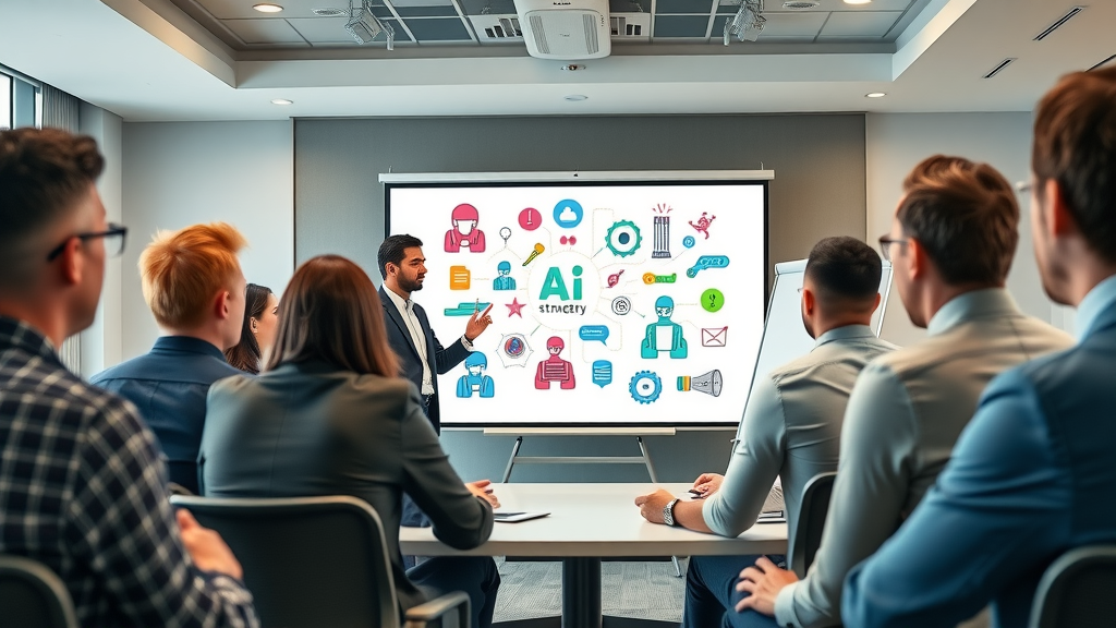 Corporate training session on AI strategy with digital whiteboard and animated AI graphics