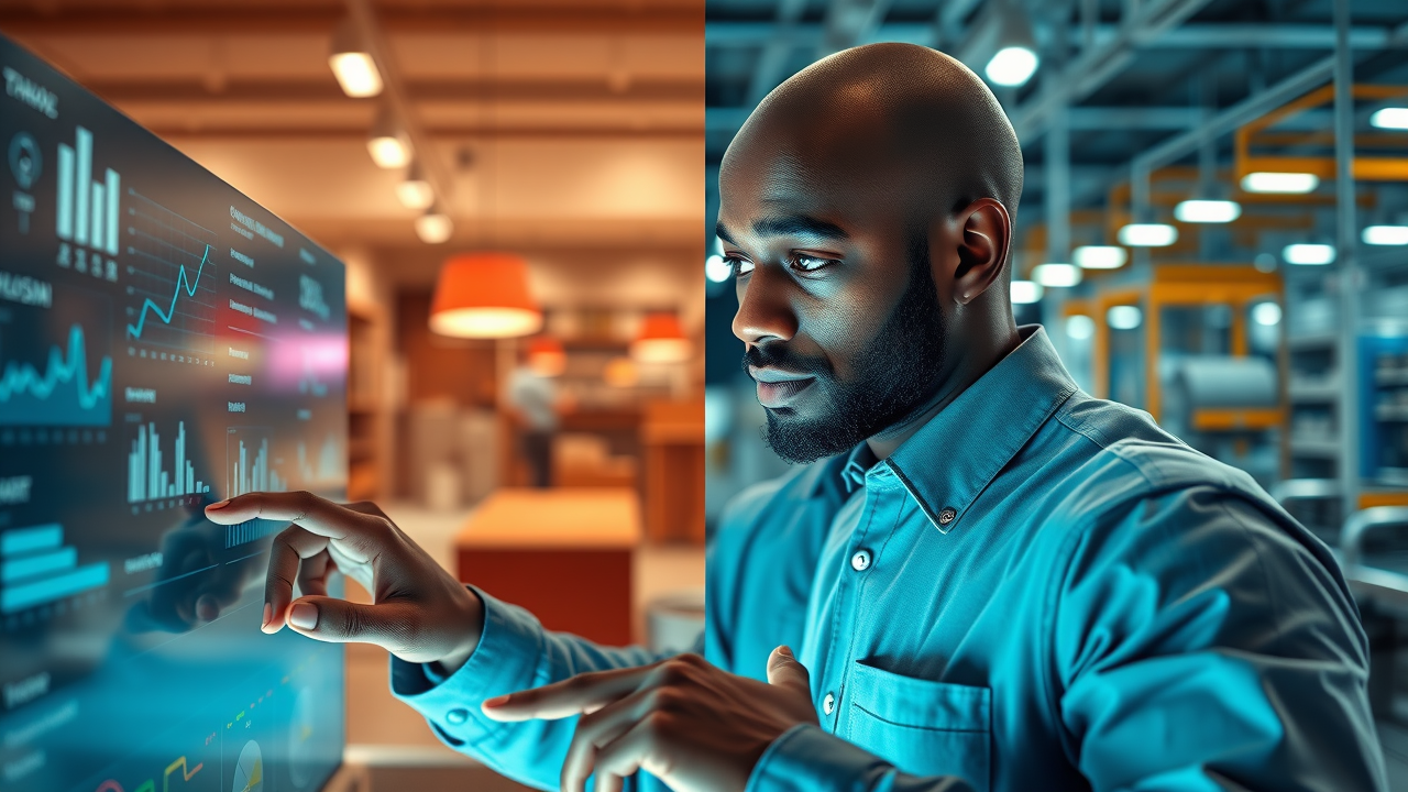AI business strategy transforming retail and manufacturing with digital dashboards and analytics