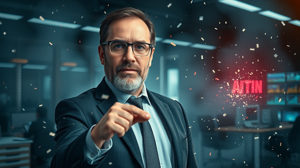 Business leader overcoming AI adoption barriers in business strategy with digital wall of obstacles