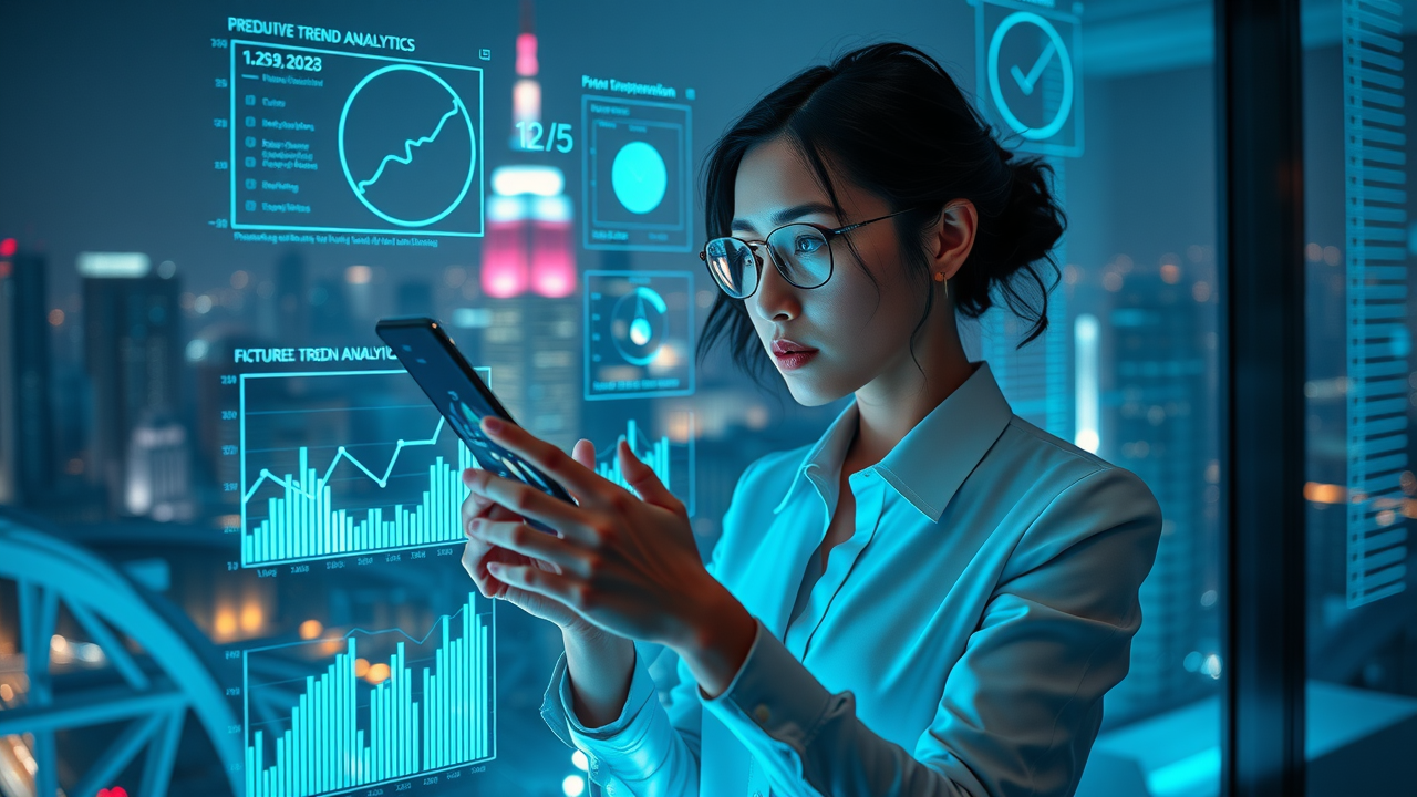 AI-powered predictive analytics interface for business strategy with glowing trend graphs