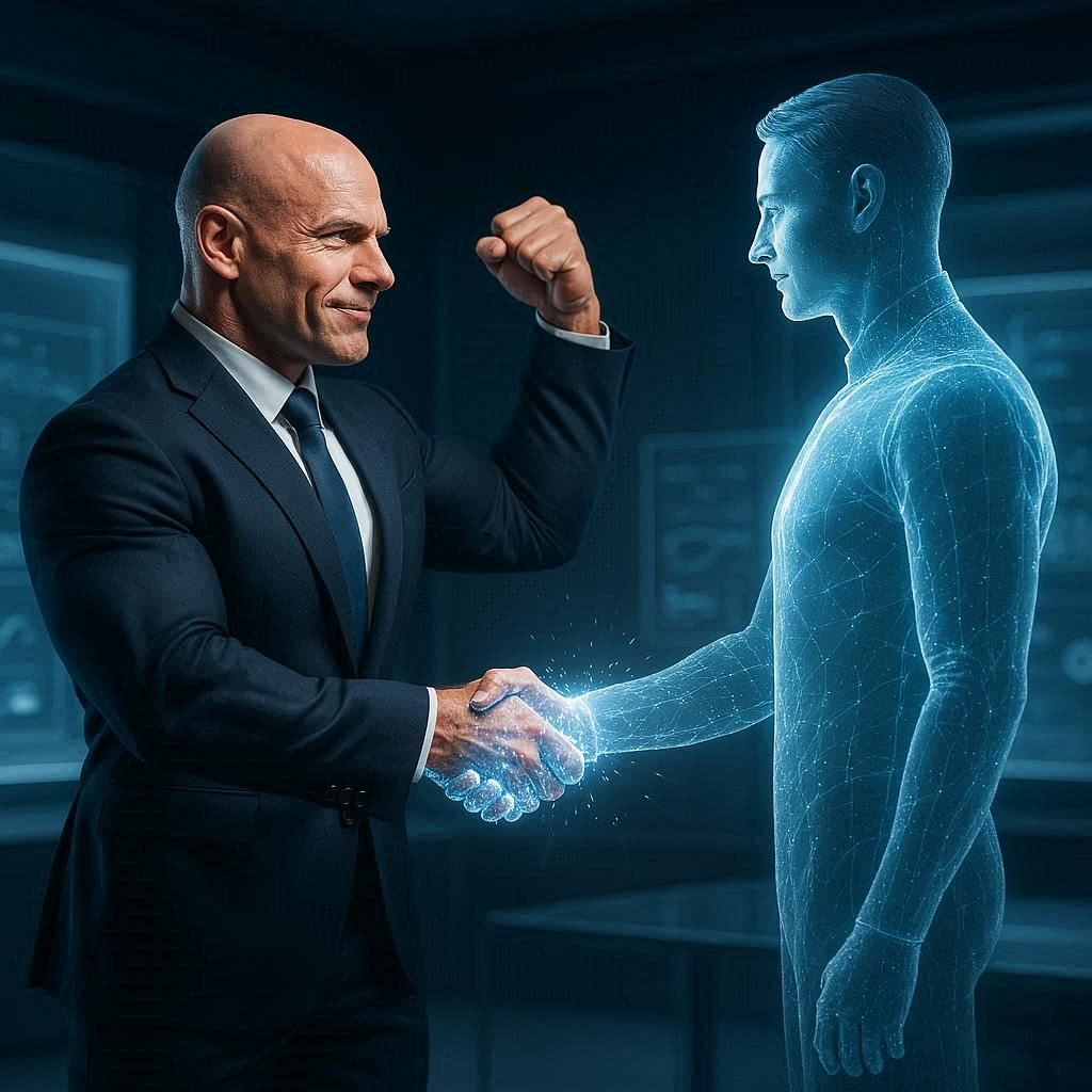 small business man shaking hands with an AI-generated virtual advisor, triumphant pose
