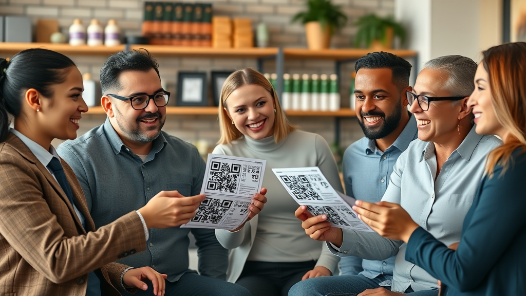 Small business owners analyzing QR code marketing materials in a modern office, QR code printouts visible on table