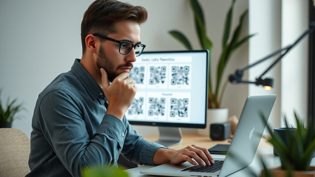 Entrepreneur comparing QR code generator tools on laptop in modern workspace