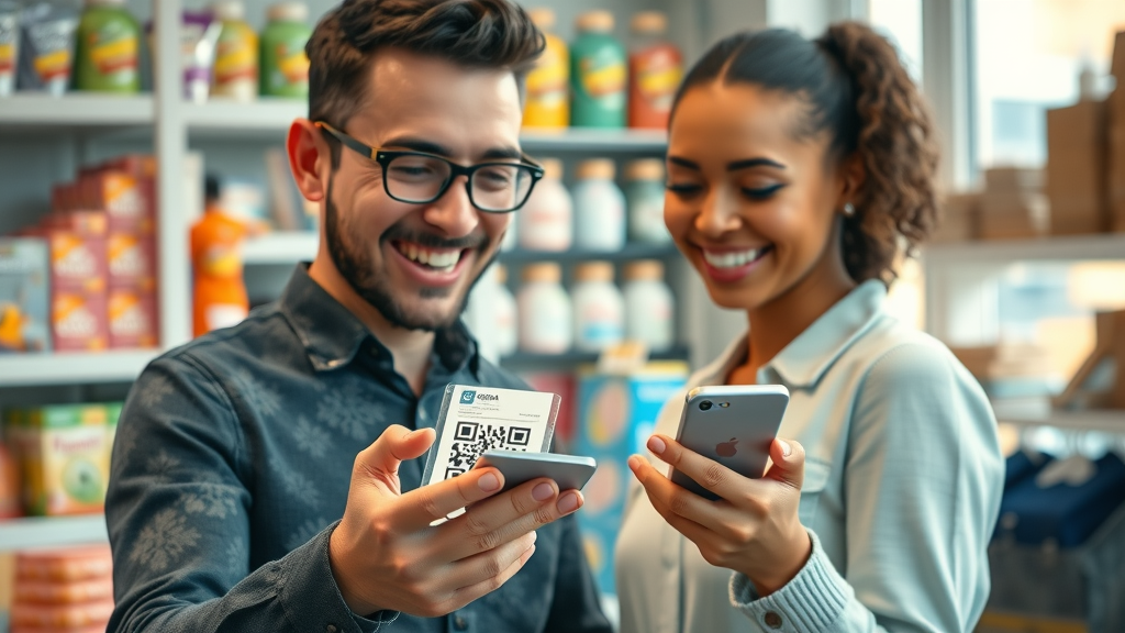 Customer scanning QR code on product packaging in small business shop