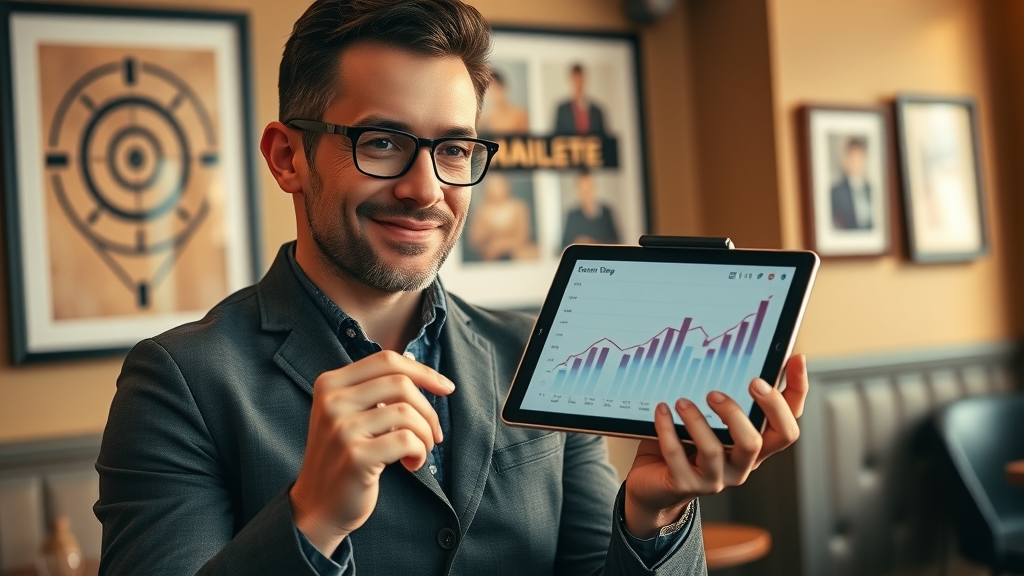 Entrepreneur presenting QR code marketing statistics on tablet in cozy café
