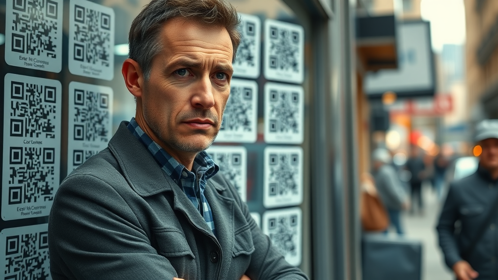 Marketer noticing an overcrowded display of QR codes on cluttered storefront window