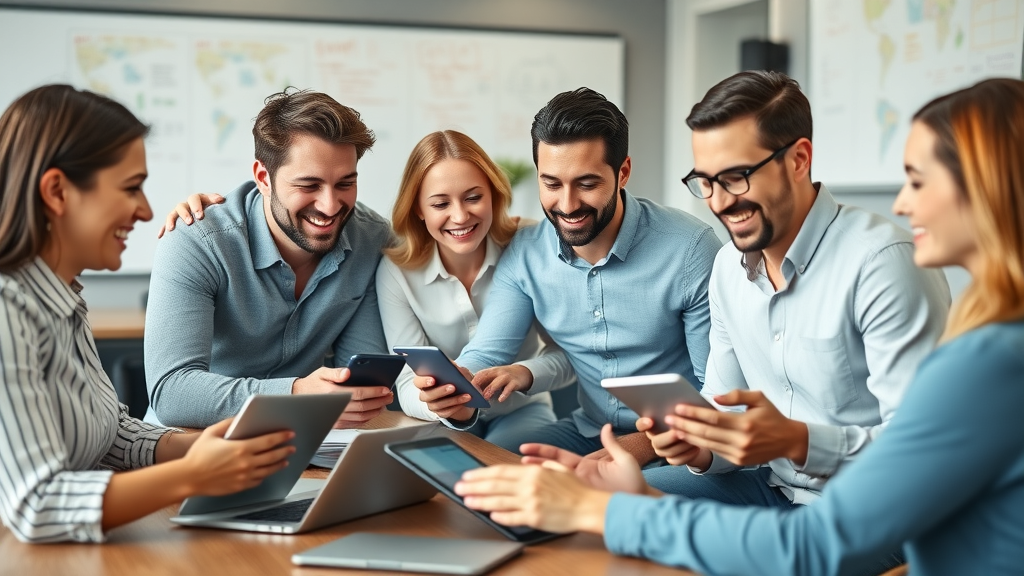 vibrant business team analyzing mobile app marketing data with retargeting strategies, smiling and discussing around laptops and tablets in a modern office, retargeting for mobile apps