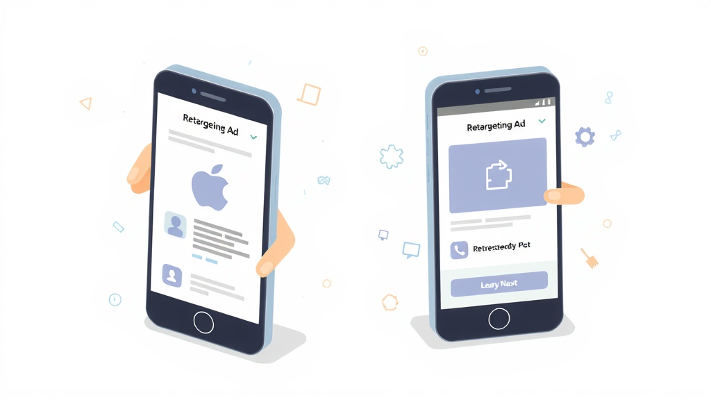 infographic comparing app retargeting vs mobile retargeting, two smartphones showing mobile app screens and retargeting ads, educational for retargeting for mobile apps
