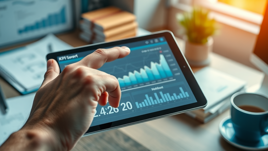 close-up of KPI dashboard on tablet measuring retargeting campaign ROI for mobile apps, highlighting key performance indicators