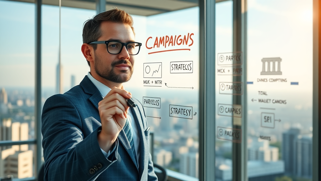 motivated marketing manager writing retargeting campaign goals for mobile apps on glass wall in modern office
