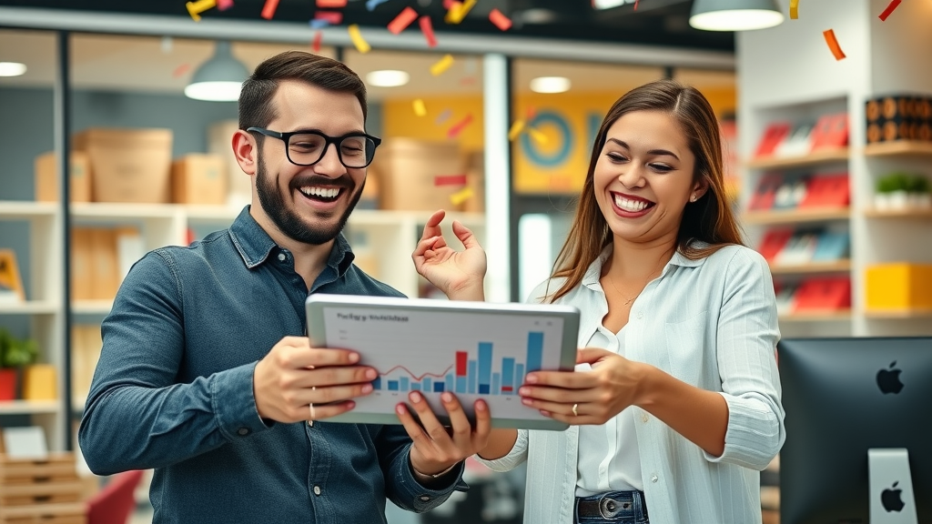 small business owners celebrate cross-channel marketing success with digital results