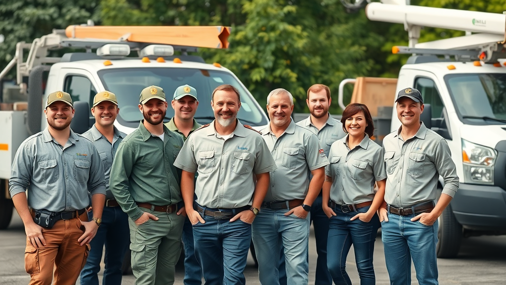 friendly arborist team at right coast tree care, professional crew in uniforms, tree-care equipment, company trucks, natural confidence