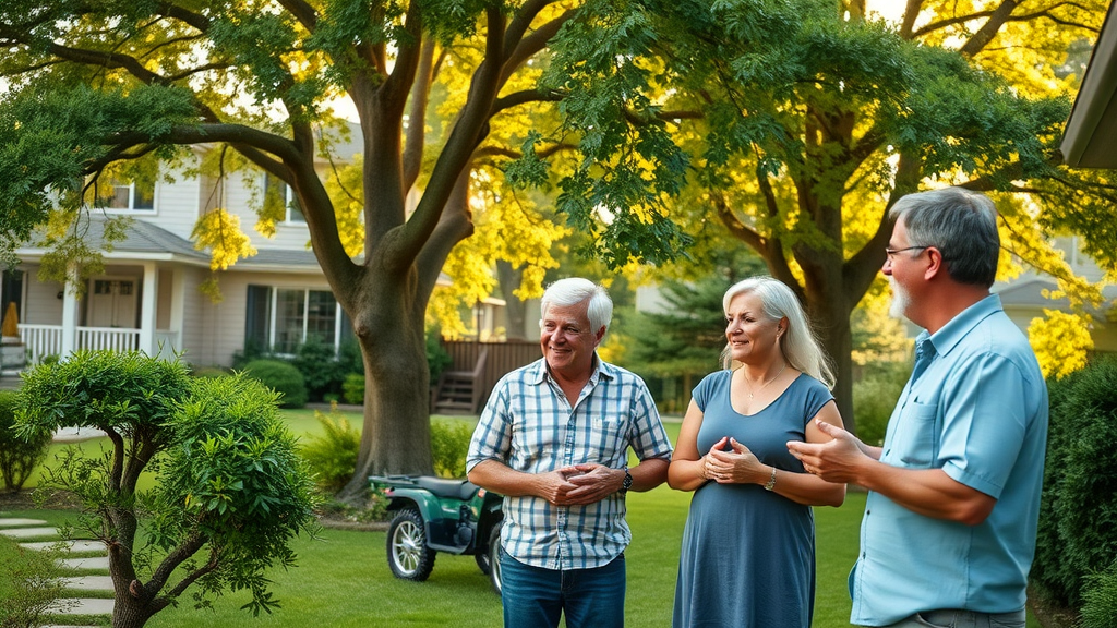 satisfied homeowners lush healthy backyard mature trees right coast tree care worker