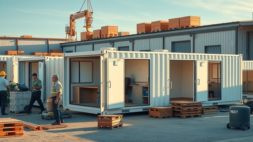 Custom storage containers and office units from ManCo rentals in industrial yard