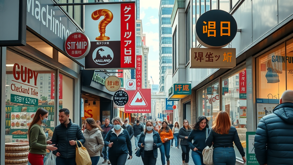 Dynamic New Zealand cityscape with bustling small businesses, storefronts, and Auckland’s skyline for local business visibility NZ