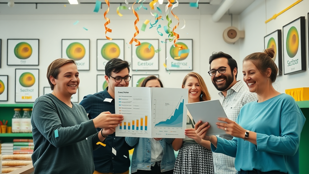 Joyful New Zealand business team celebrating increased local business visibility with growth charts and awards