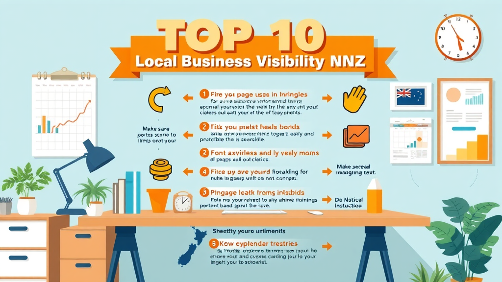 Infographic: Top 10 strategies to boost local business visibility NZ with clear NZ business motifs and improvement icons