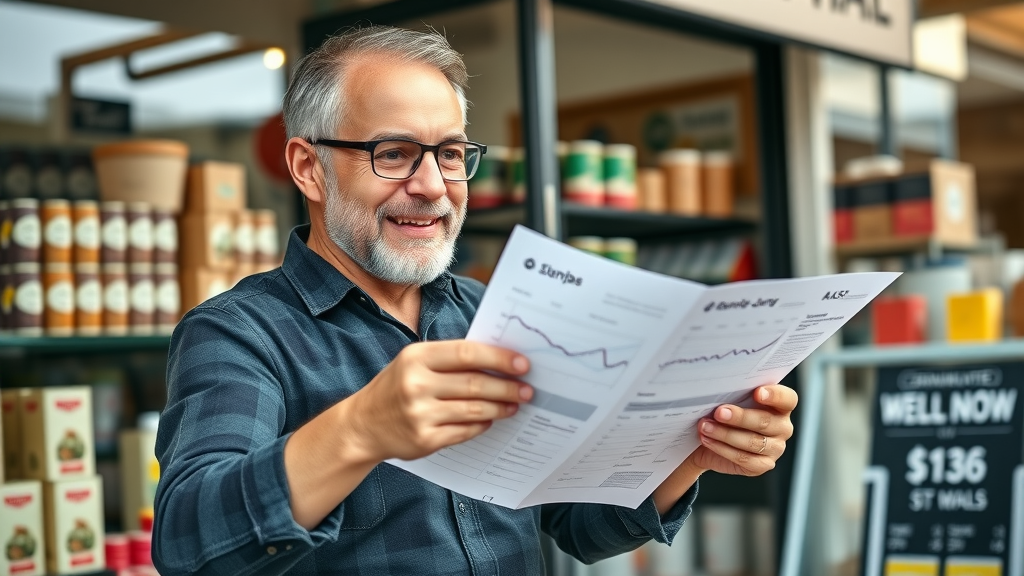 NZ small business owner celebrating success in a thriving niche, reviewing sales charts and customer feedback