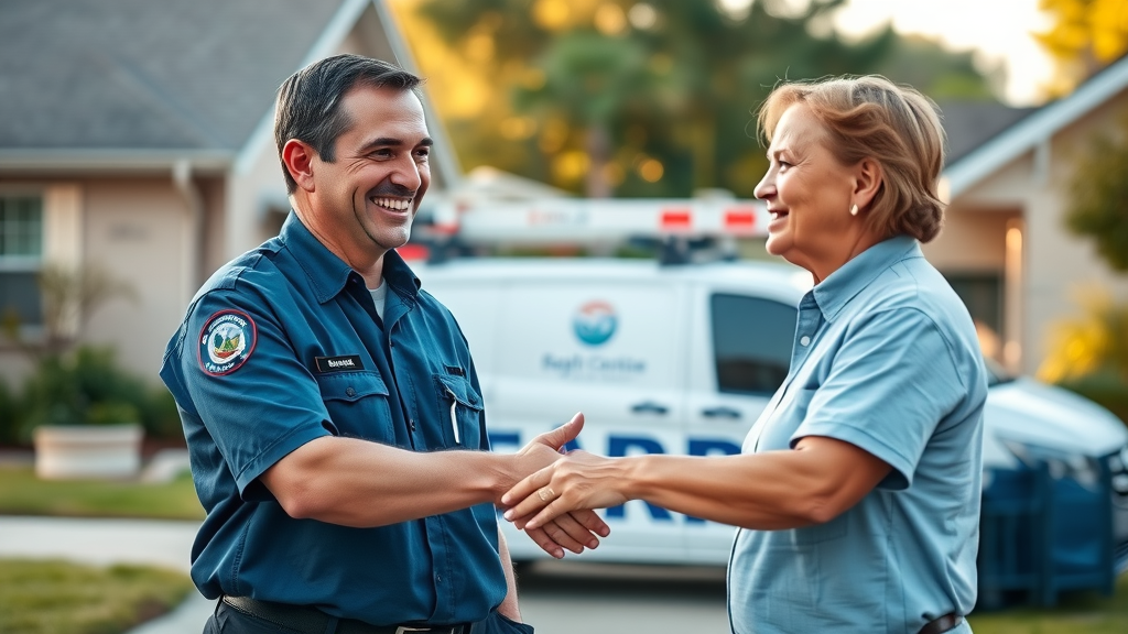 sapphire pest control technician shaking hands with satisfied Commerce TX homeowner, showcasing quality pest control services