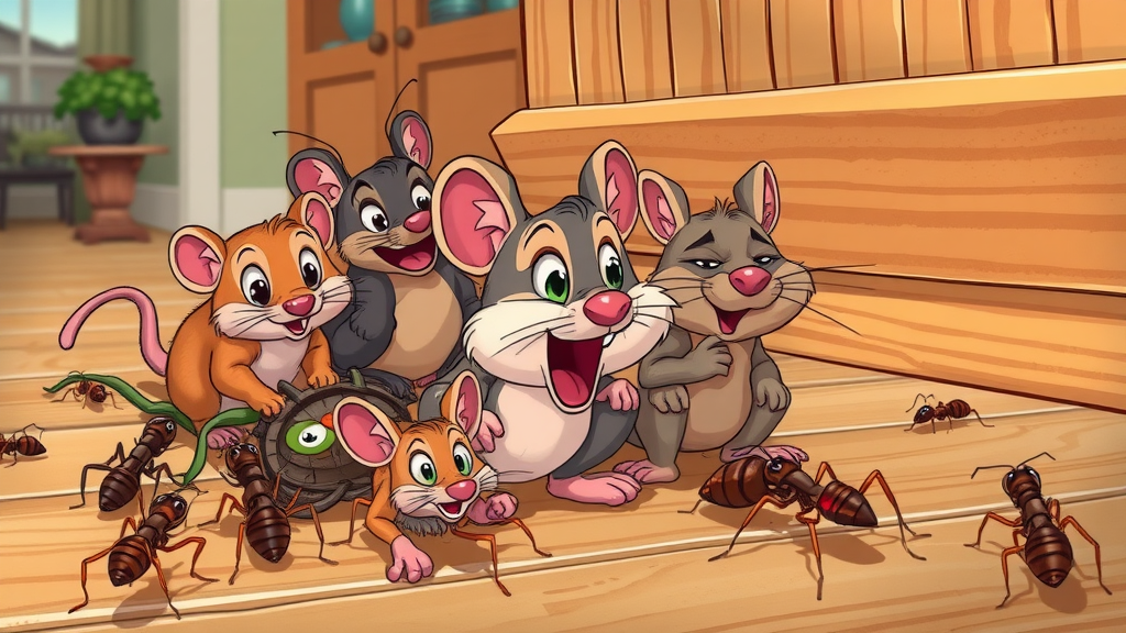 illustration of termites, rodents, and ants near a wooden baseboard in Texas homes, sapphire pest control tackles common pests