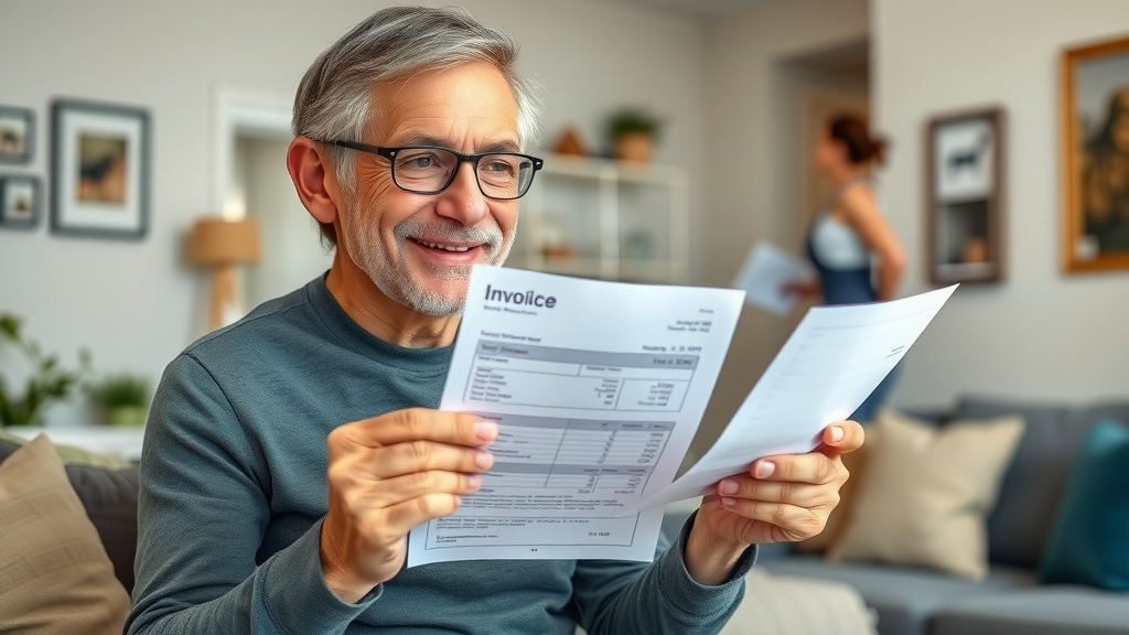 confident homeowner smiling and holding invoice after completing Sapphire Pest Control service in Commerce TX, pest control value