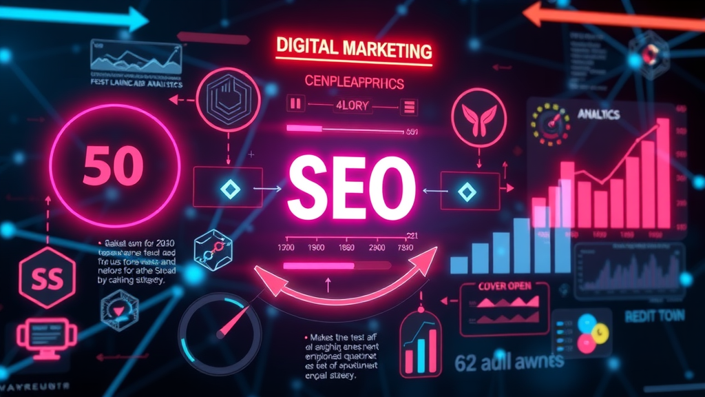 innovative infographic digital marketing strategy elements, seo, social ads, analytics, red zone tactics