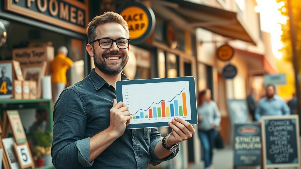joyful small business owner digital marketing expert growth, digital red zone, thriving shop with digital tablet showing results