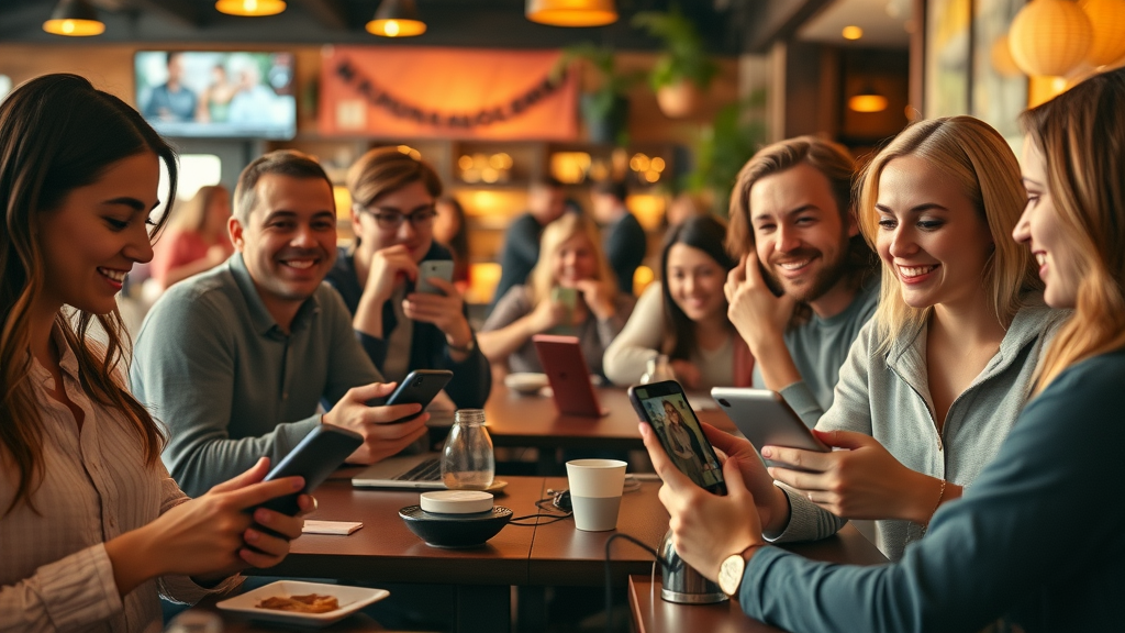 Online community engaging on social media, interacting and collaborating on digital marketing content