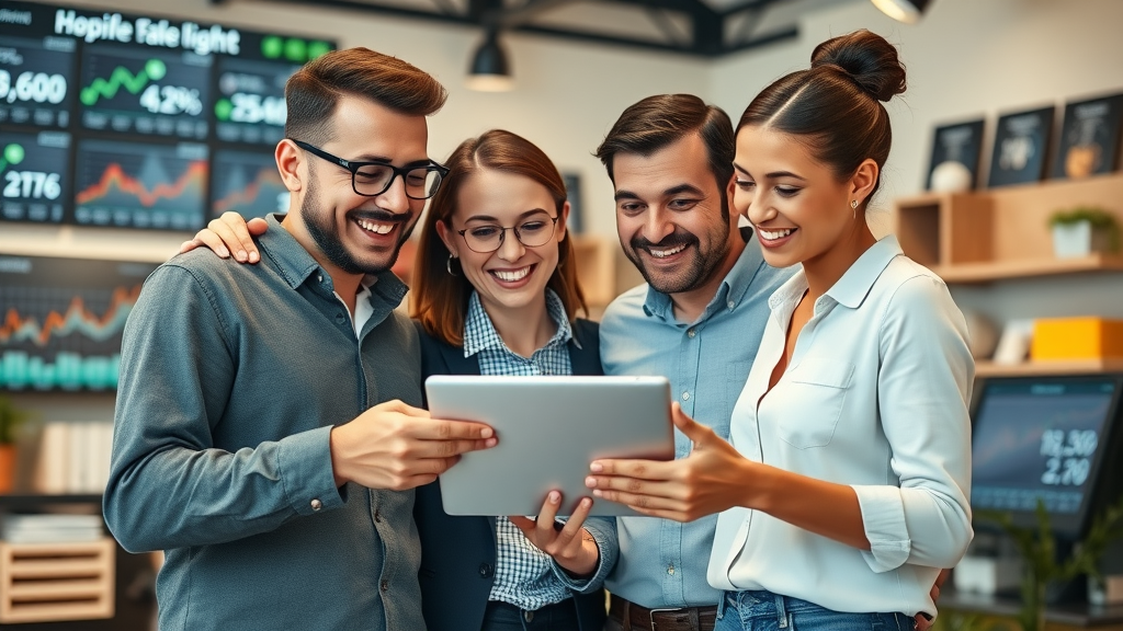 Ecommerce business owners celebrating digital marketing success after increased sales and brand growth