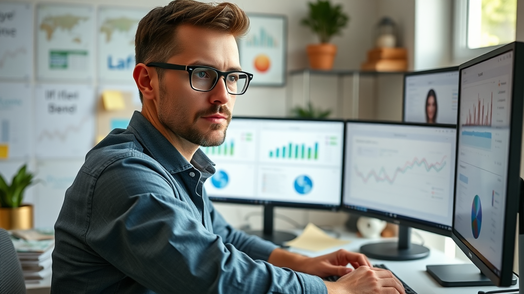 Digital marketer comparing key digital marketing tools like analytics, SEO software, email and social media dashboards