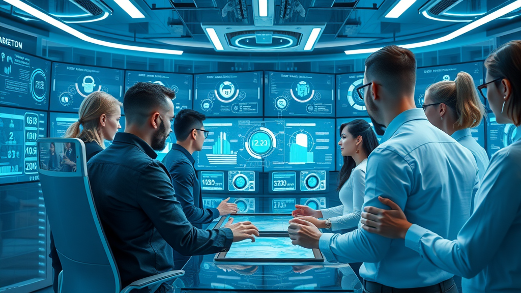 Team of digital marketers exploring AI, voice search, and video trends in a futuristic marketing center