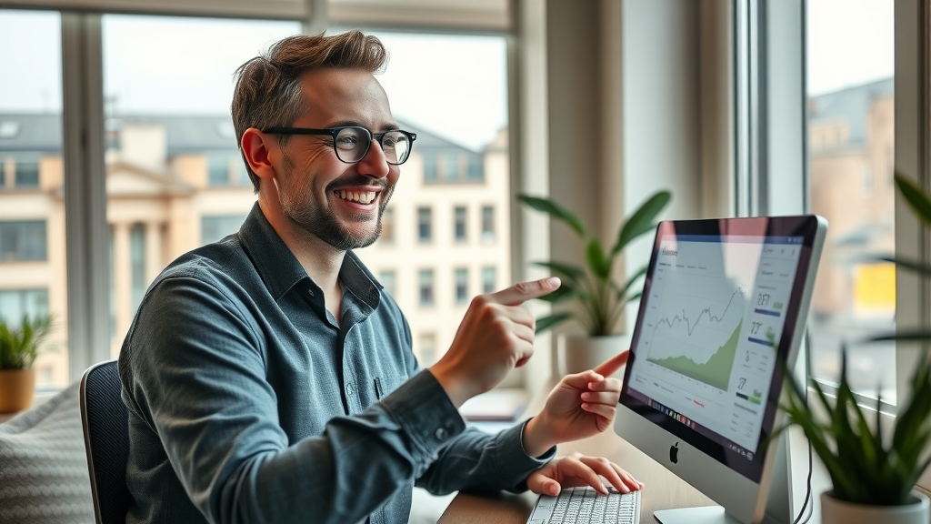 Successful Greater London shop owner reviewing positive website analytics after buying geo targeted website traffic.