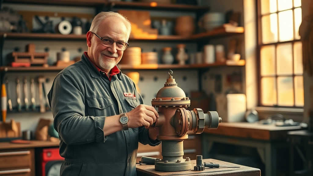 Technician assembling fire hydrant using repair parts in Tulsa workshop