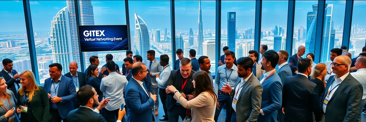 Diverse professionals networking at Gitex Dubai venture event, Dubai skyline view