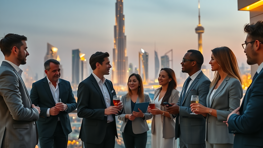 Business leaders networking at gitex dubai venture networking event at sunset rooftop.