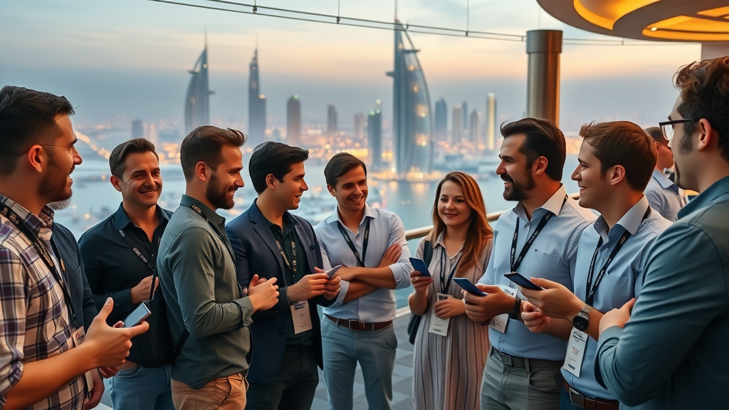 Startups and VCs meet at gitex dubai venture networking event with Dubai skyline.