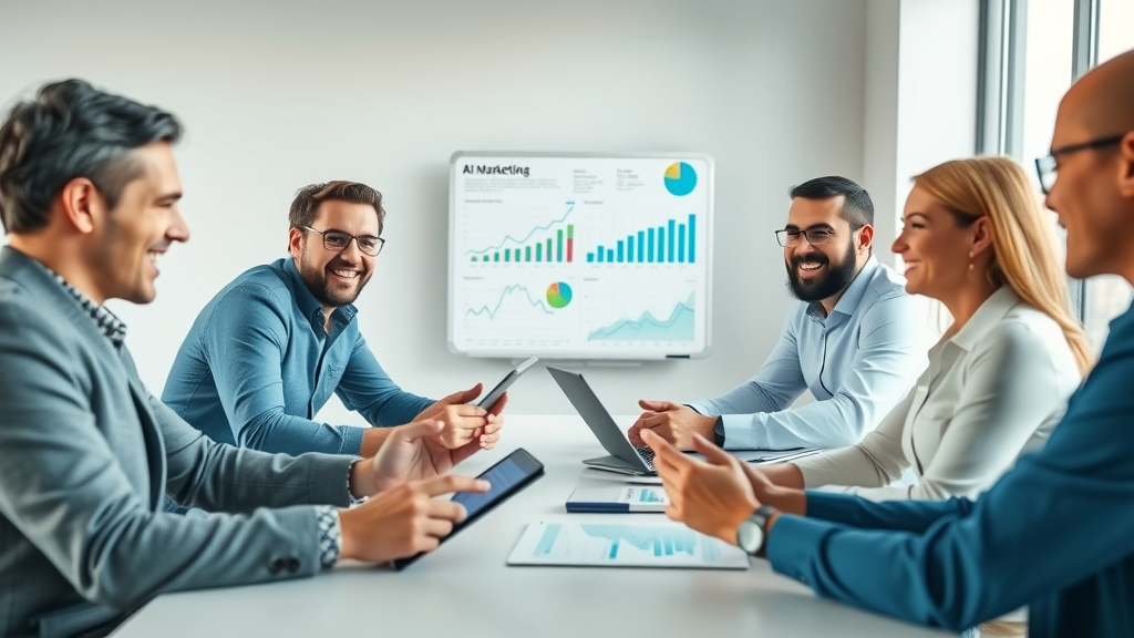 Modern business owners collaborating with AI marketing analytics and digital tablets in a contemporary office, demonstrating digital marketing AI consultancy