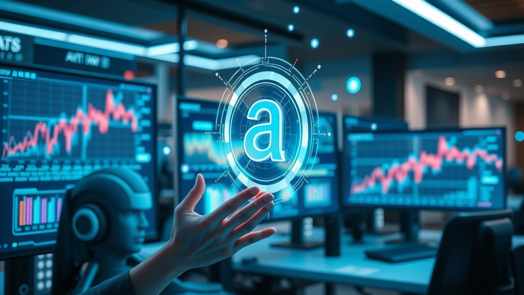 Futuristic AI interface highlights digital marketing icons and analytics in a high-tech workspace, illustrating AI