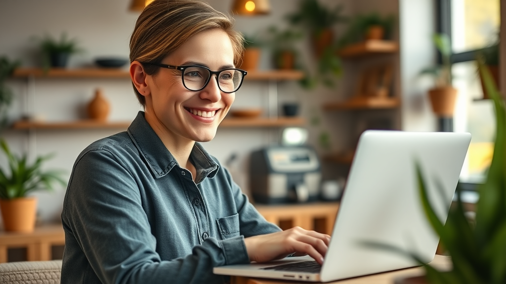Smiling business owner using laptop to view AI-powered online reviews for strategic business reputation management