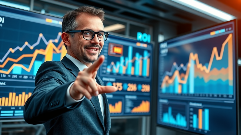 Dynamic analytics dashboard visualizes ROI improvement from digital marketing AI consultancy for small business