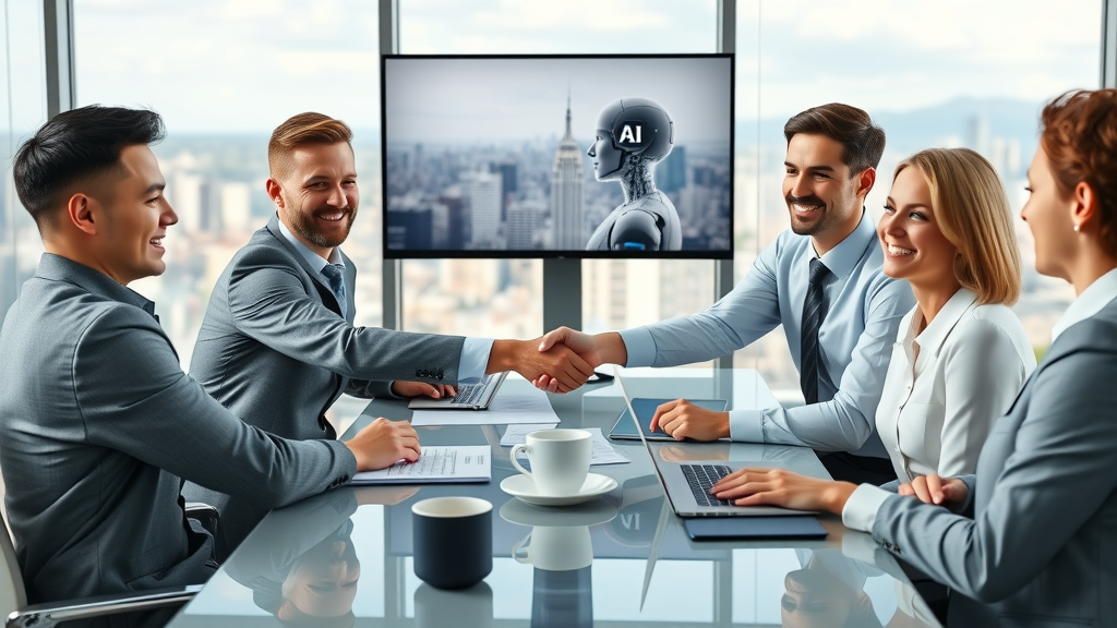 Business consultants and client shaking hands after a digital marketing AI consultancy agreement in a modern office
